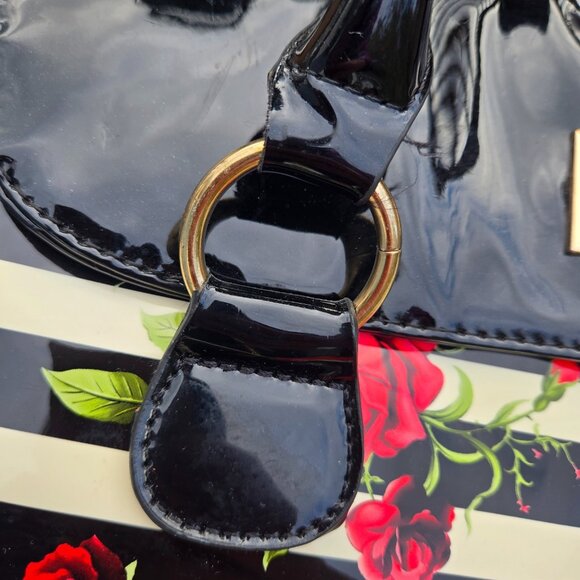 Y2K Glossy Top Handle Shoulder Bag Black White Striped Red Rose Floral Emo Goth - Picture 3 of 14